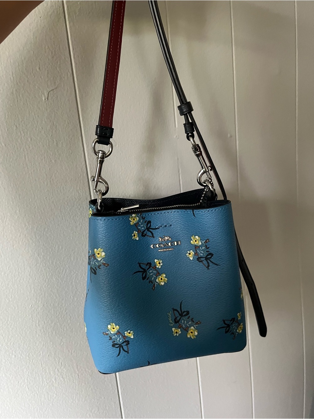 Coach Blue Floral Leather Crossbody with Red Strap